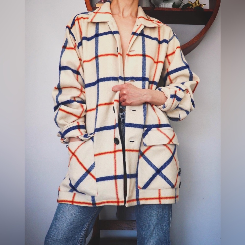 Checked Wool-Blend Jacket Coat in Cream with Blue & Orange Windowpane